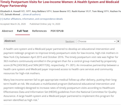 Timely Postpartum Visits for Low-Income Women: A Health System and Medicaid Payer Partnership