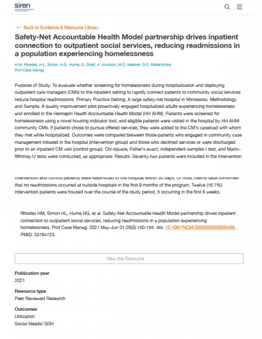 Safety-Net Accountable Health Model Partnership Drives Inpatient Connection to Outpatient Social Services, Reducing Readmissions in a Population Experiencing Homelessness